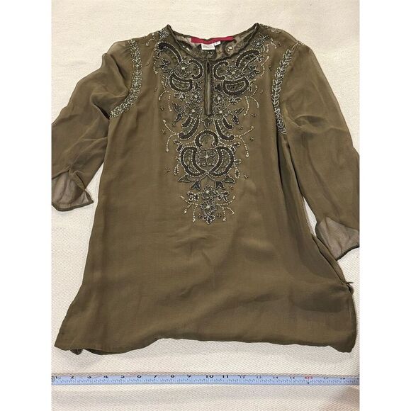 Emma Black Women's Green Silk Embroidered Blouse Size 6 Casual Top - Picture 1 of 12
